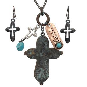 Patina Faith Cross Long Necklace Earrings Set